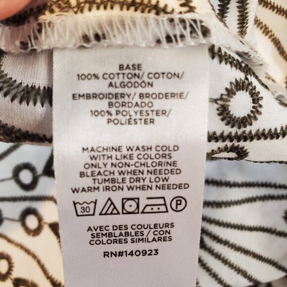 LOFT SZ S Embroidered Pattern Olive/Taupe & White 100% Cotton Short Sleeve Top - Picture 8 of 8